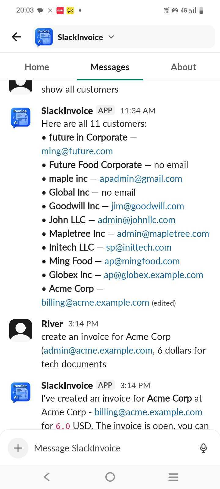 Creating an invoice in Slack on mobile